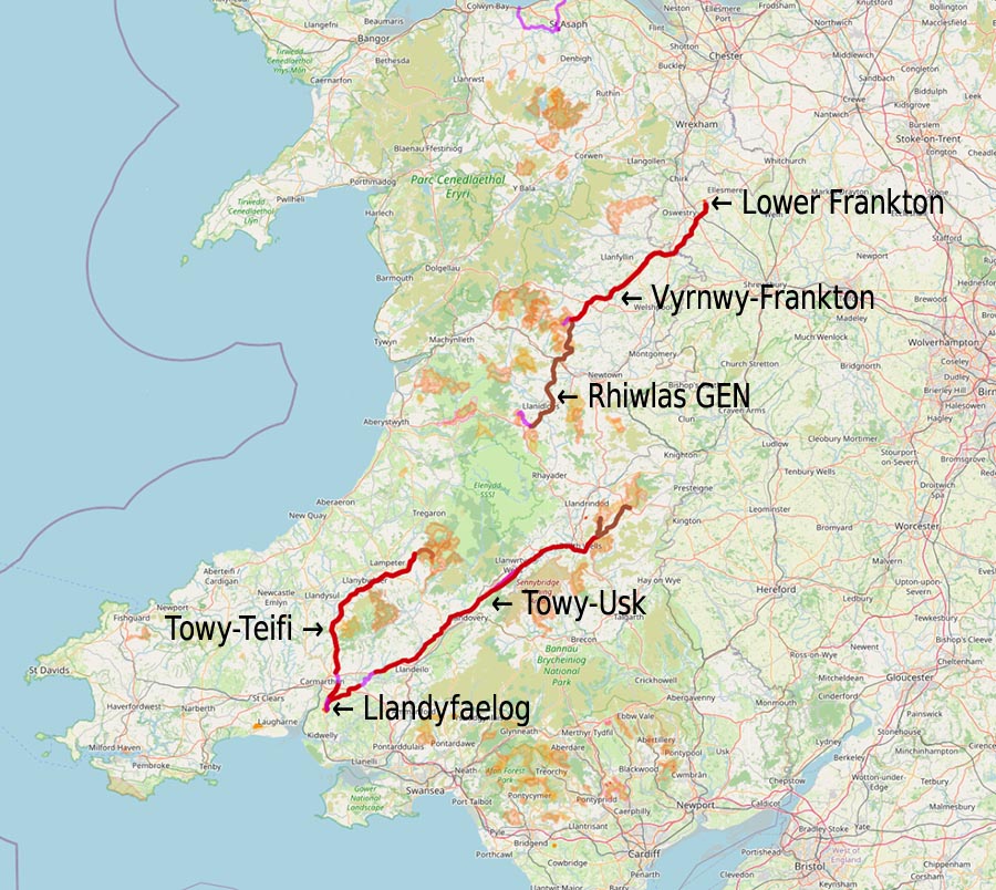 overview map of proposed pylon lines in Wales